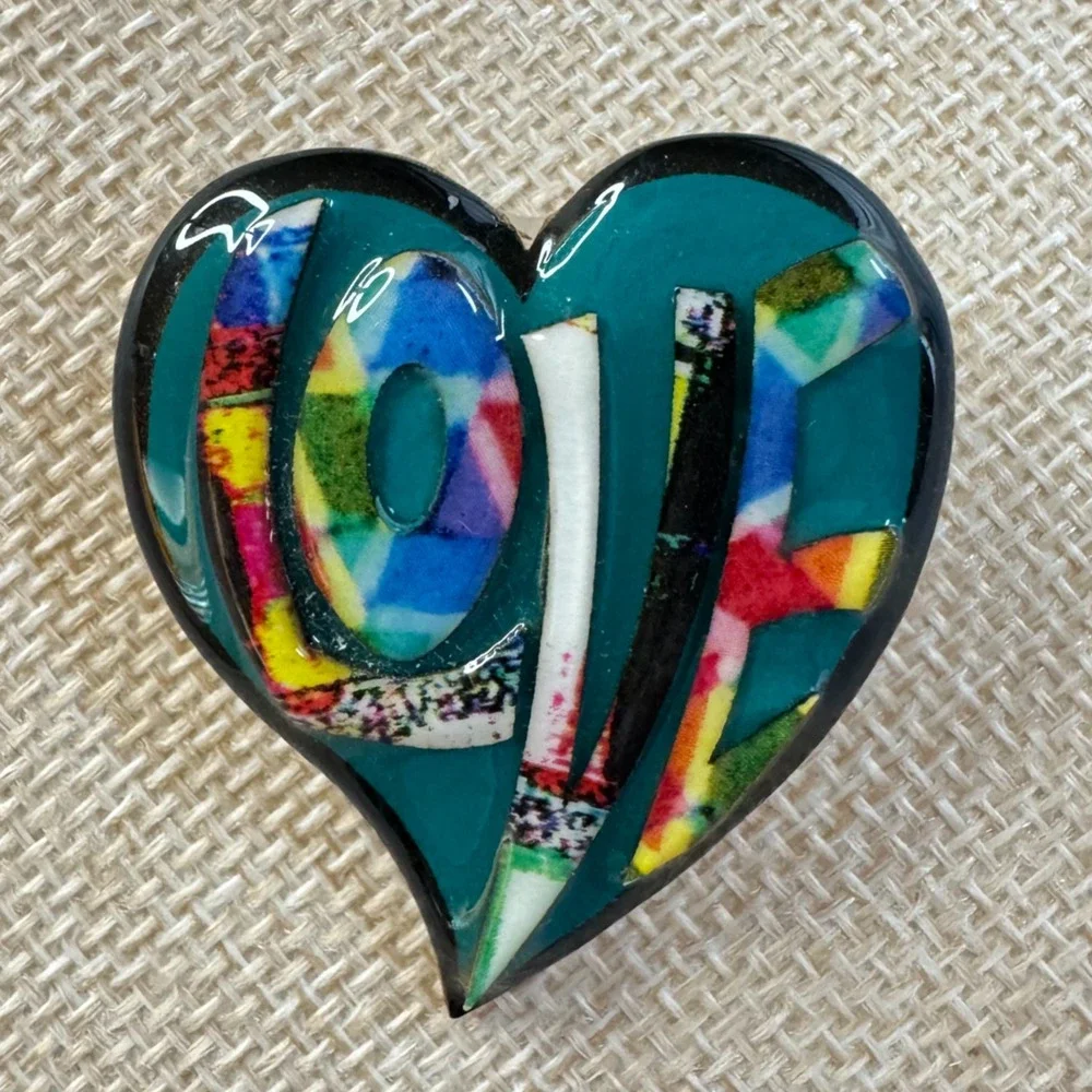 Vintage Lucinda Heart Brooch LOVE Colorful Artistan Resin Pin Rare Numbered